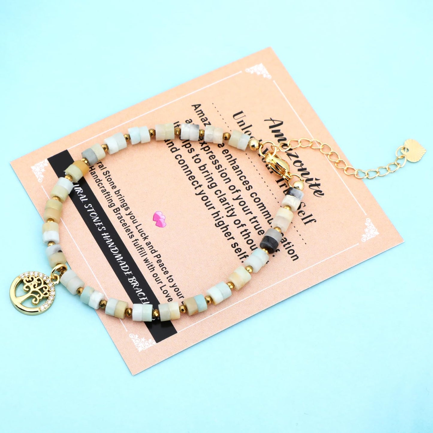 Natural Gemstone Healing Crystal Multicolor Amazonite Dainty Charms Tree of Life Bracelet Adjustable Chain Extender Minimalist Jewelry