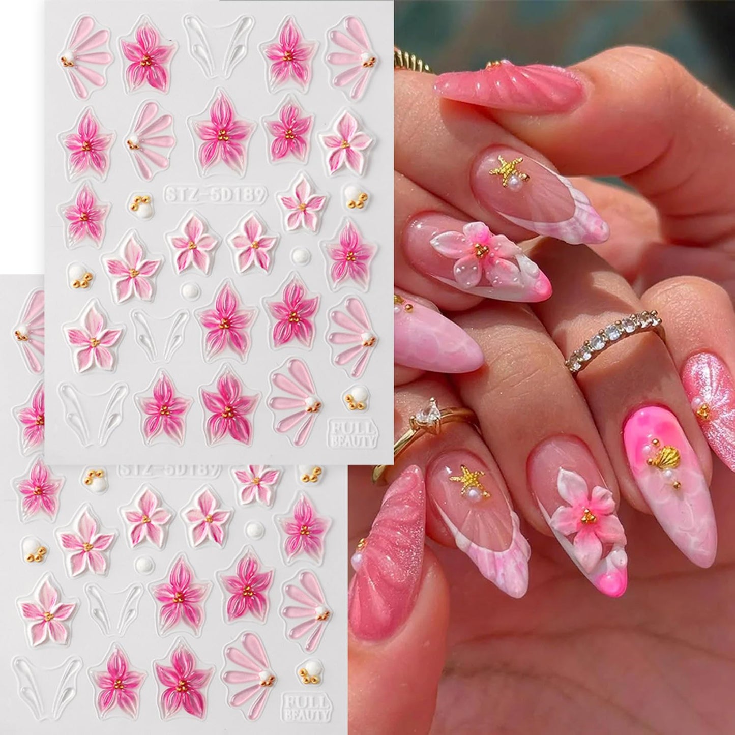 5D Embossed Flower Nail Art Stickers, 5 Sheets Self-Adhesive 3D Floral Nail Decals with Floral, Starfish, Bow & Lemon Designs Cute Summer Nail Art Supplies Sticker for DIY Manicure Decoration