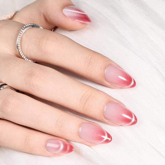 Ombre Red Cat Eye French Tip Press On Nails Almond - Pink Short Almond Fake Nails, Ombre Cateye Press On Nails Reusable Stick On Nails in 16 Sizes, 32pcs False Nail Kit for Women & Girls(Rosé)