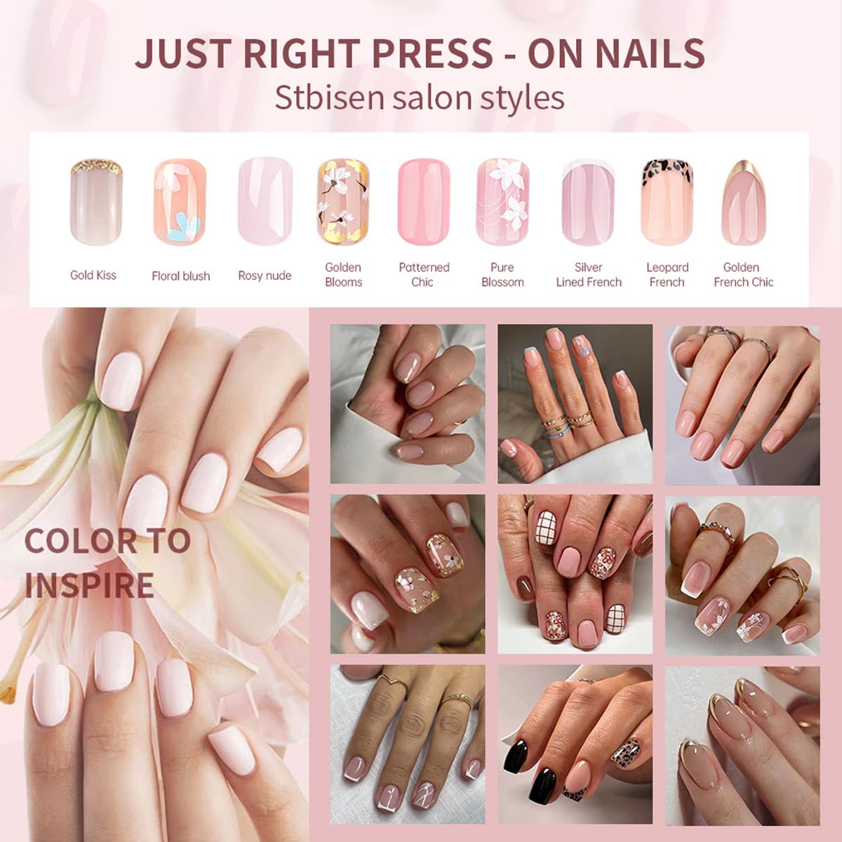 Stbisen French Press On Nails Short Square, Nude Fake Nails with White French Tips, Delicately Adorned with Silver Streaks, Glossy Gel Finish, Thick Natural Reusable Glue On Nails for Women, 24Pcs