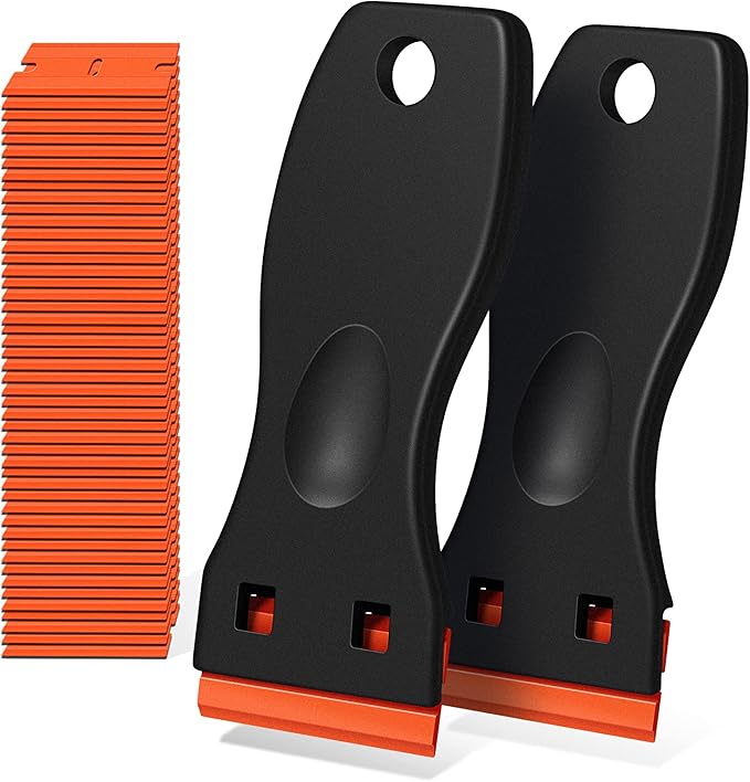 Plastic Razor Blade Scraper, 2 Pack Razor Scraper with 120 Pcs Razor Blades for Removing Glue, Sticker, Decals, Tint from Car Window and Glassï¼Blackï¼