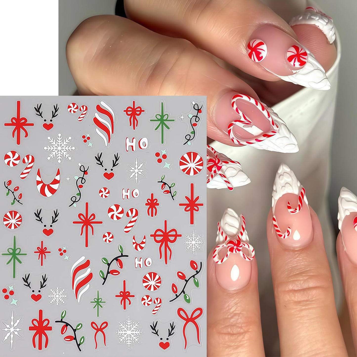 Christmas Gift Bow Nail Art Stickers 3D Self-Adhesive Christmas Candy Nail Art Stickers Christmas Elk Light Nail Decals Snowflake Bow HO Letter Nail Design Nail Supplies for Women DIY Nail Decorations