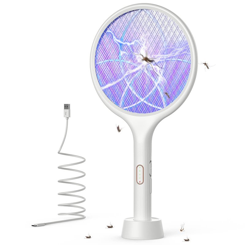 YISSVIC Electric Fly Swatter 4000V Bug Zapper Racket Dual Modes Mosquito Killer with Purple Mosquito Light Rechargeable for Indoor Home Office Backyard Patio Camping (2, White)