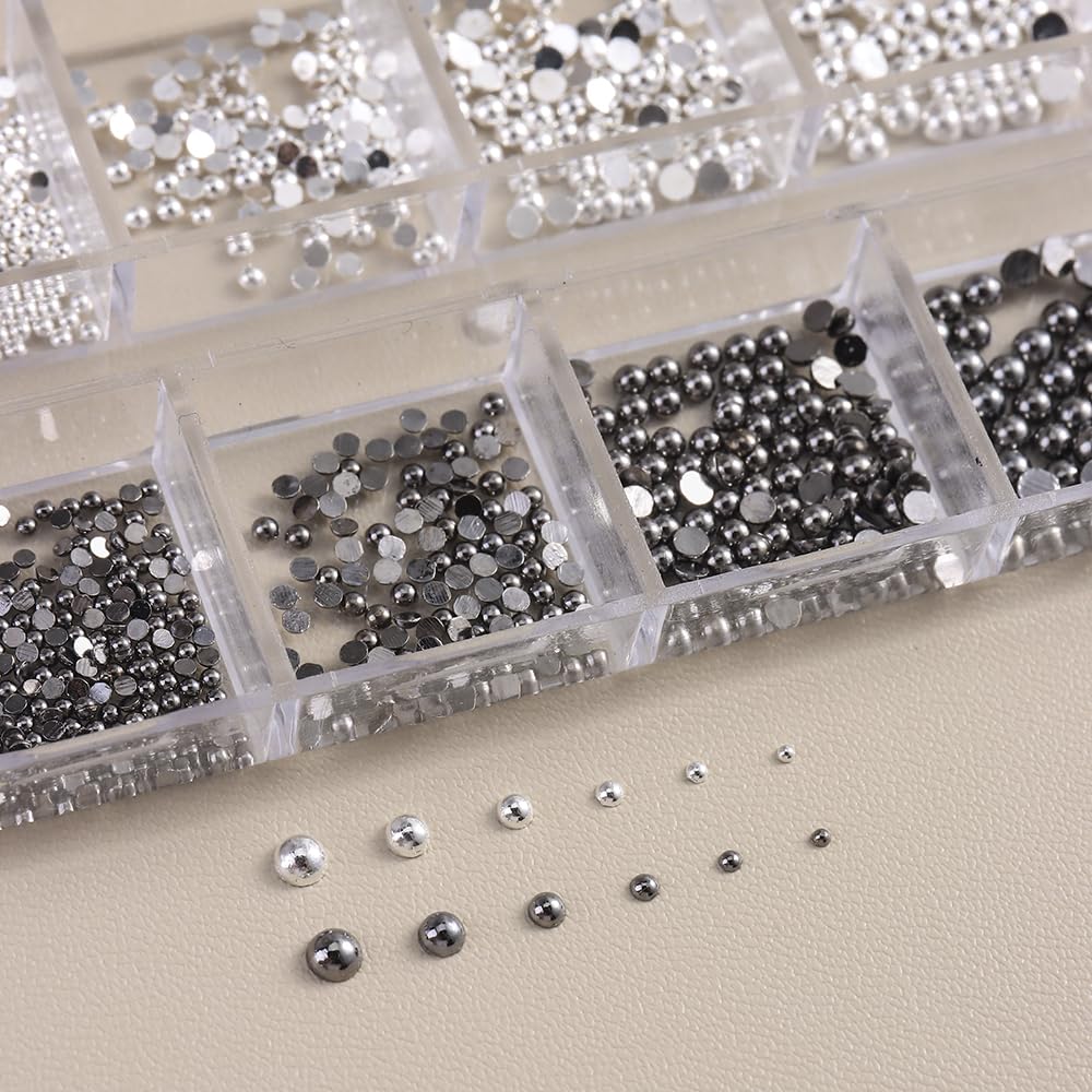 Mini Metal Nail Beads 3D Nail Art Charms, Mixed Sizes Silver Gun Grey Half Round Flatback Stainless Steel Caviar Beads Nail Studs Jewelry with Pickup Tweezers for DIY Nail Art and Crafting Decorations