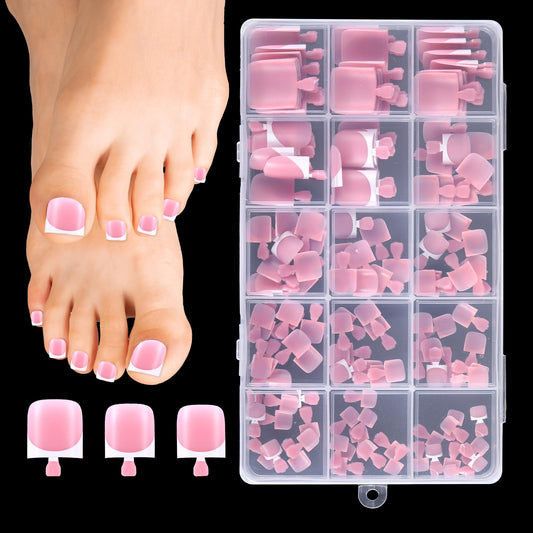 Lnngub 150 Pcs French Tip Toe Nail Press Ons,Short Square Toe Press On Nails Full Cover French Tip Toes Fake Toenails Mauve Presss On Toenails for Women Pedicure Decorations,15 Sizes