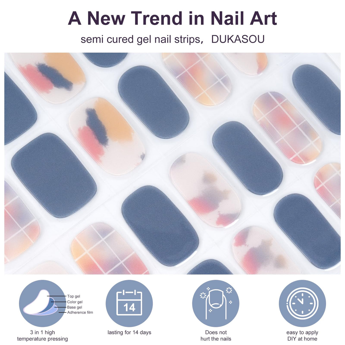 DUKASOU Semi Cured Gel Nail Strips,28 pcs Street Color Gel Nail Stickers with UV Light Required,Long Lasting Nail Art Stickers, Easy to Apply（Cream Blue）