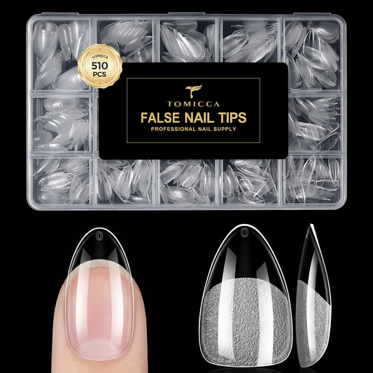 TOMICCA Short Almond Nail Tips 510PCS, 15 Sizes Gel Nail Tips for Clear Acrylic Nails, Almond Nail Tips for DIY Salon, Gel Nail Extension Tips for Beginners & Nail Techs