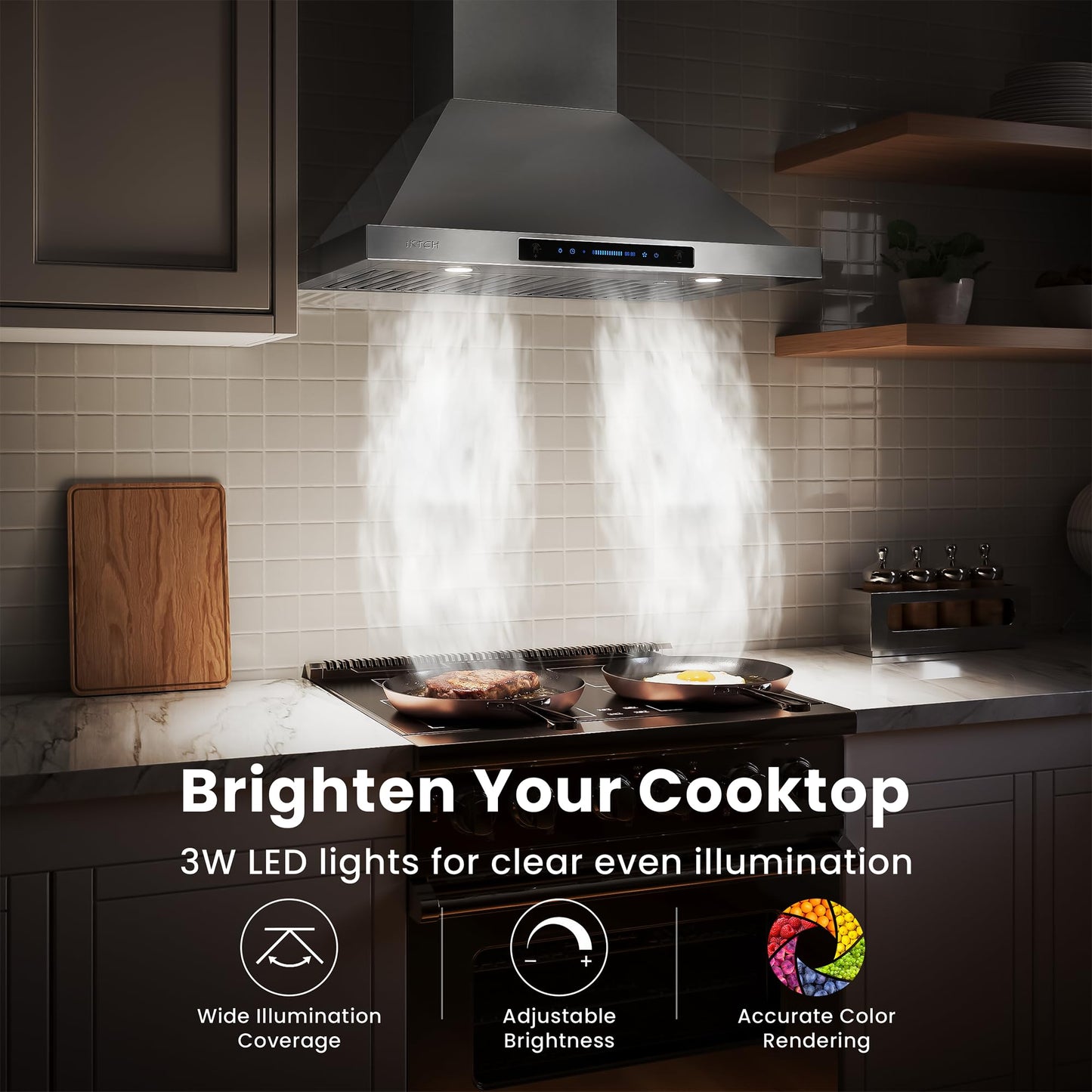 IKTCH 30-inch Wall Mount Range Hood 900 CFM Ducted/Ductless Convertible, Kitchen Chimney Vent Stainless Steel with Gesture Sensing & Touch Control Switch Panel, 2 Pcs Adjustable Lights(IKP02-30'')