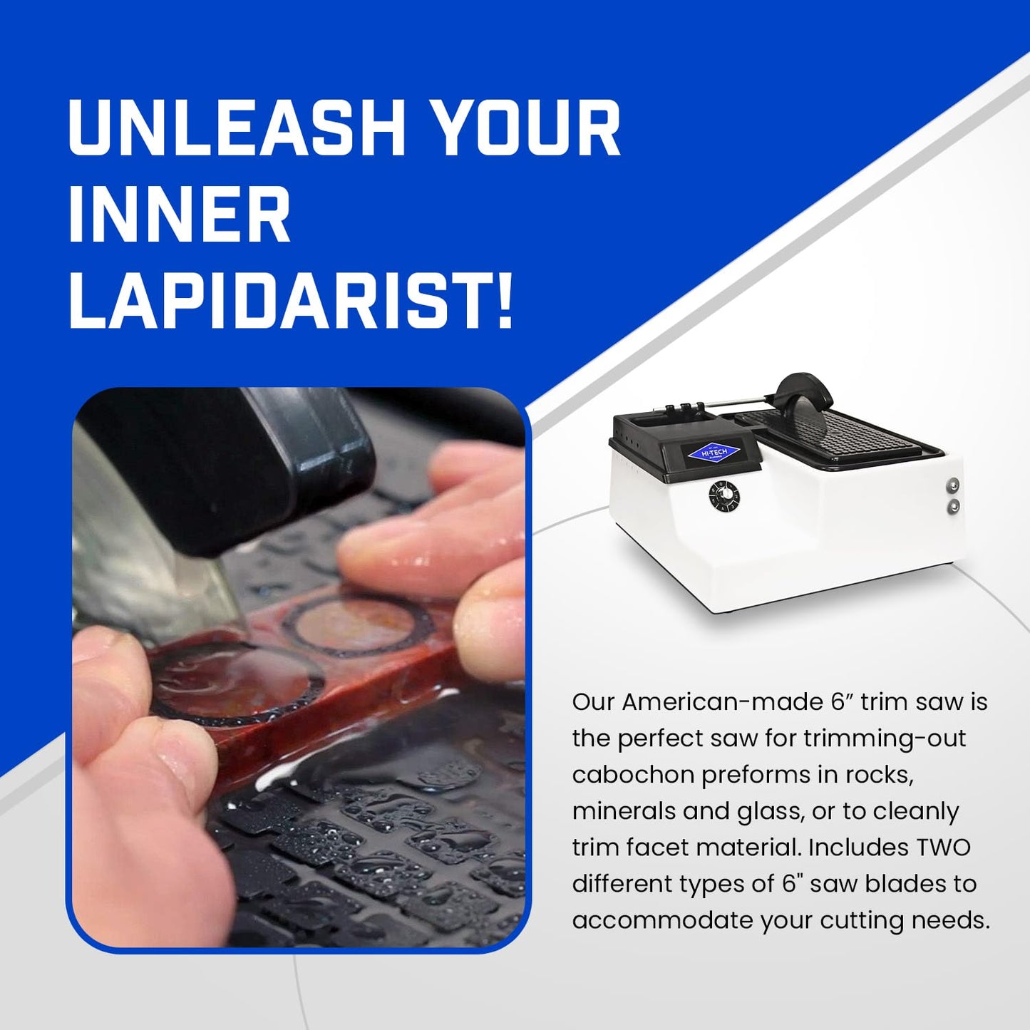 Hi-Tech Diamond - 6" Lapidary Saw - Lapidary Equipment Rock, Stone, Glass Cutting, Trimming, Sawing Machine - Stone Cutter Trim Saw and More - Includes TWO 6" Diamond Rock Cutting Blades
