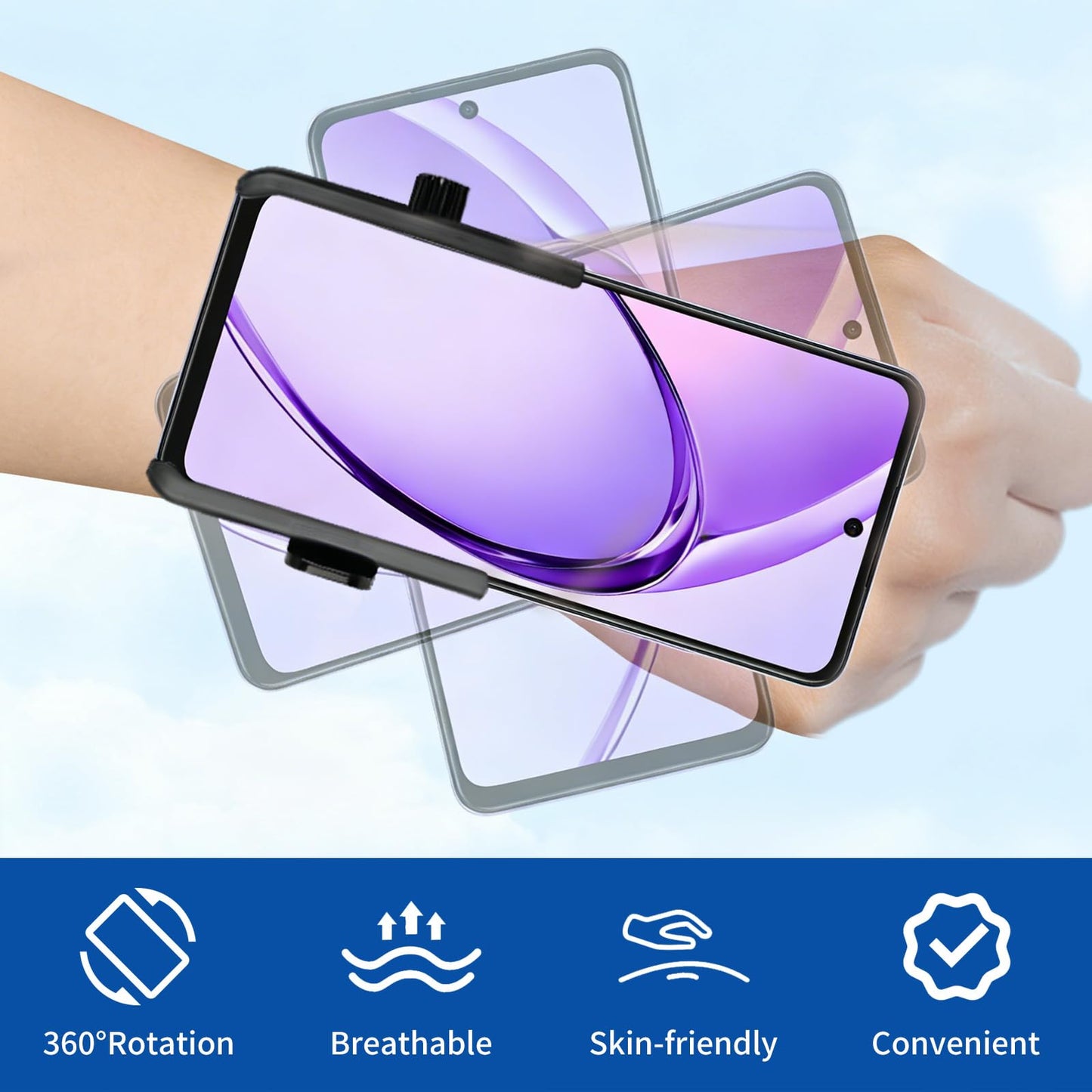 Wristband Phone Holder, No Screen Blocking, 360° Rotating Wrist Phone Mount, Memory Lock, Quick Release, for Android, iPhone 17/16/15/14/13 Pro Max/Pro/Mini/12/11/SE/Xs/XR/8 Plus, Fits 4–6.7" Phones"