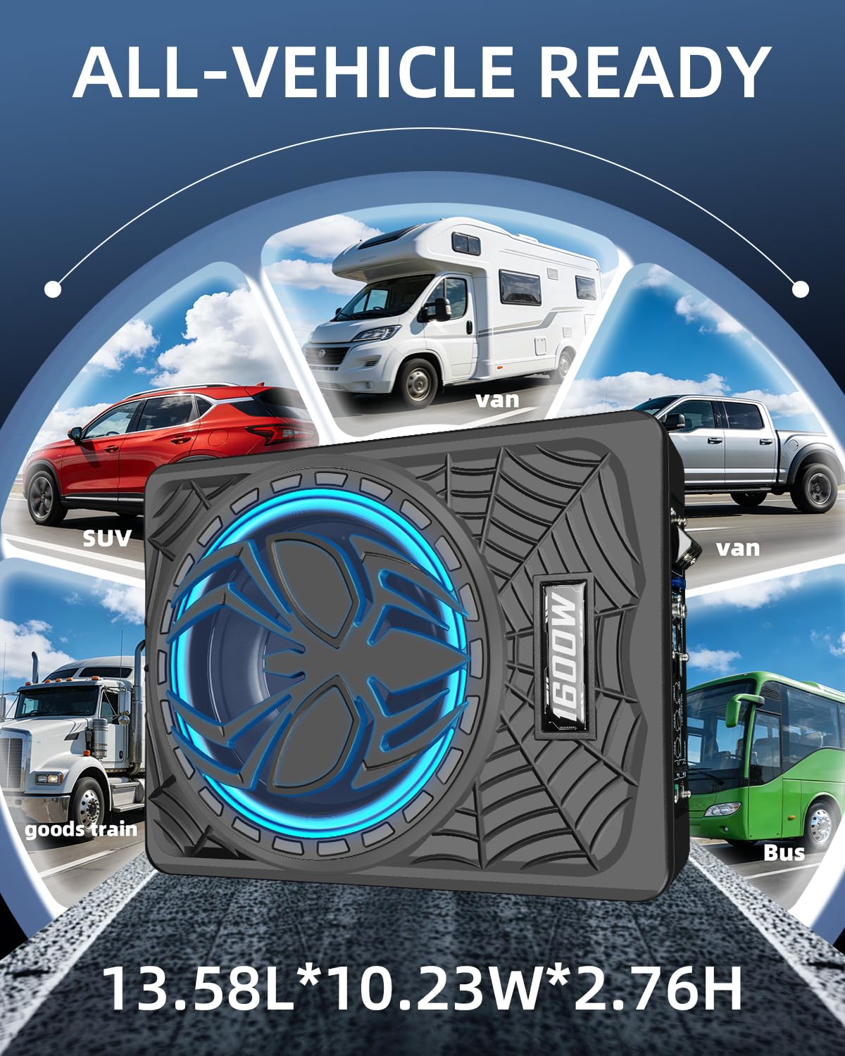 SUBPULSIX 1600W Slim Underseat Car Subwoofer and Amp Package, Powered Under Seat Subwoofer with Built-in Amp, Deep Distortion-Free Bass, RGB LED Ambient Light Switch, for Truck SUV Jeep Car Audio