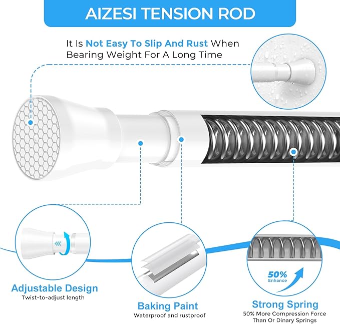AIZESI 4PCS Tension Curtain Rod 16 to 26 Inch No Drilling Adjustable Spring Curtain Rod 7/8" Diameter Small Curtain Rod White Curtian Rods for Windows, Doorway, Closet, Kitchen, Cupboard, Bathroom
