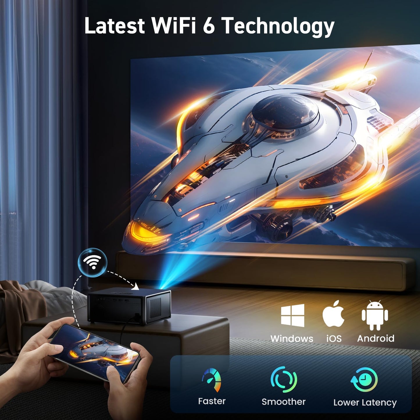 [Short Throw/2500 ANSI/E-Focus] SOPYOU 4K Decoding Projector with WiFi and Bluetooth, Outdoor Movie Projectors, Max 450" Display Home Theater, Portable Smart Proyector for iOS/Android/TV Stick/PS5