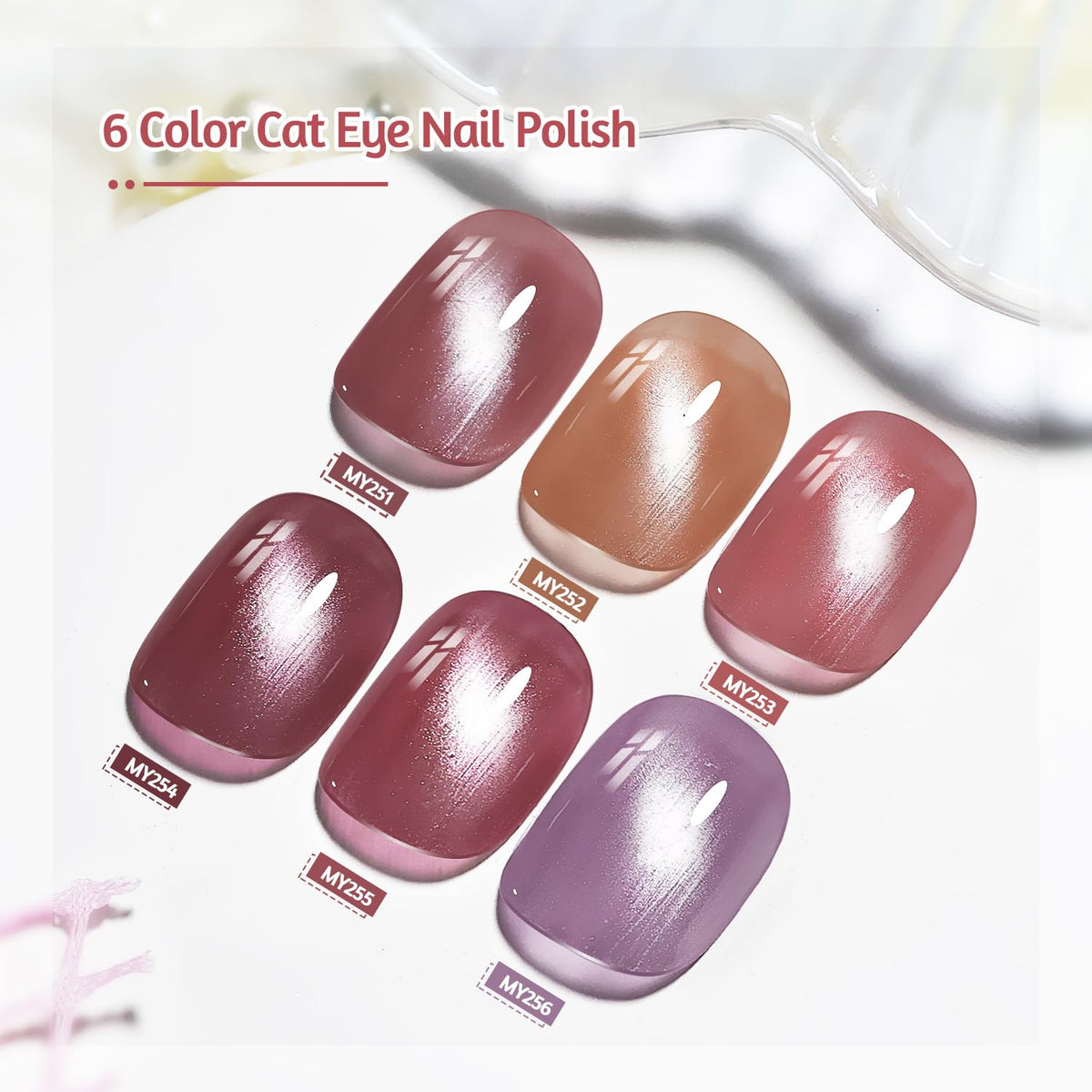 OpenLive 6 Colors 10ml Soft Mist Peach Gold Cat Eye Nail Polish with Magnet Stick Quick Dry Nail Polish for Women Salon DIY Nail Art