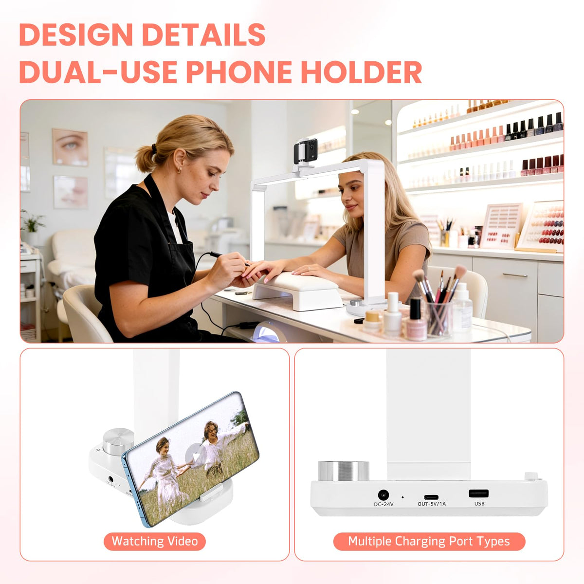 Haosegd Half Moon Light for Nail Desk with Phone Holder, Large Square Nail Lamp for Desk, Professional Manicurist Desktop Lamp, LED Light Suitable for Manicures, Tattoos, and Sewing, White
