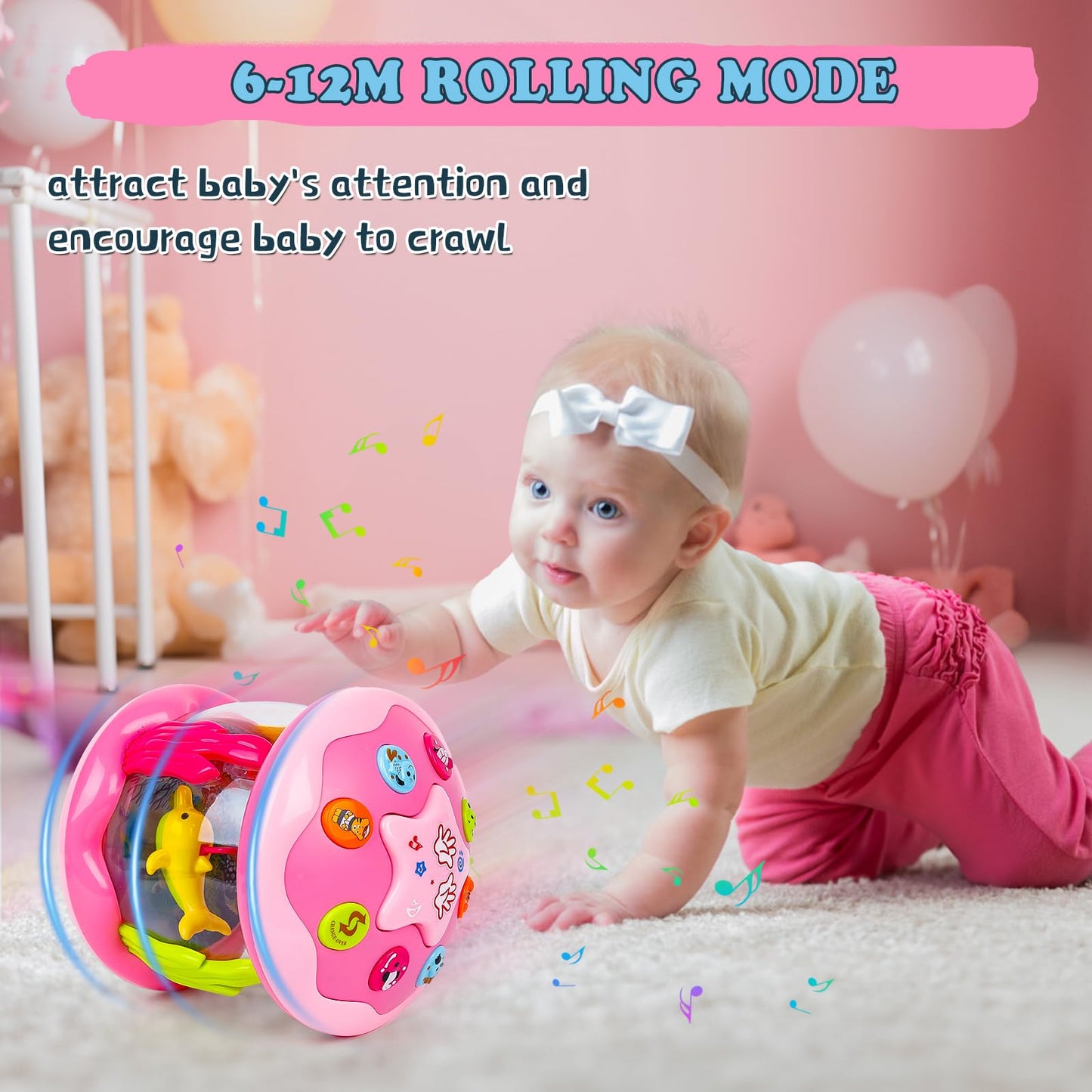 M SANMERSEN Baby Girl Toys 6-12 Months - Babies Ocean Rotating Projector Light Up Musical Toys for 12-18 Months Crawling Learning Tummy Time 1 2 Years Old Infant Boys Girls Pink
