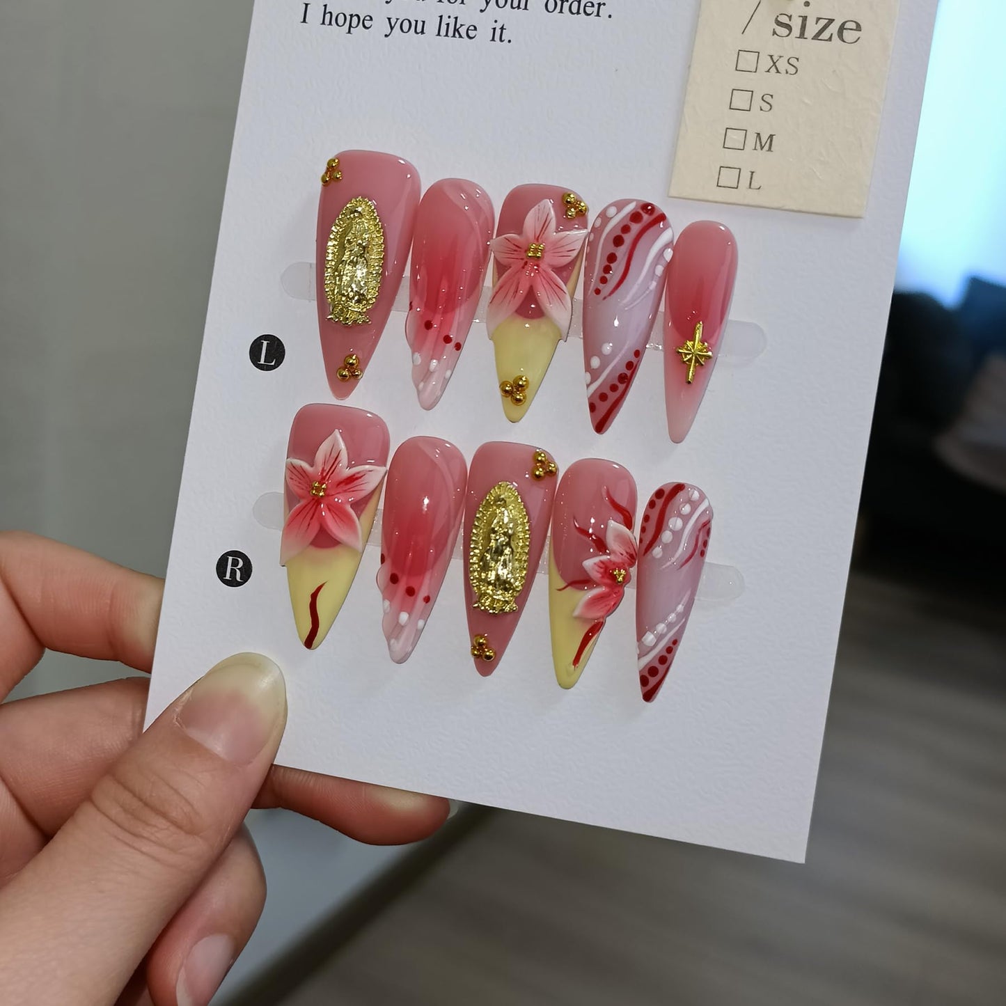 TENPAL Handmade Press on Nails Long Stiletto - Vivid Red 3D Floral Blush Ombre Hand Painted Design Fake Nails for Women Girls- Glossy French Tips Stick on Nails for Gifts(L)