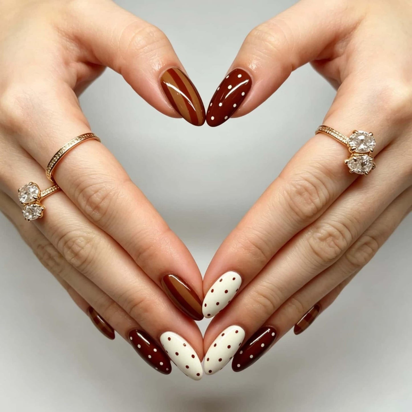 CLYHLTMZ Almond Press On Nails Short Fake Nails with Polka Dot Brown Stripes Design Glue On Nails 24 Pcs Cute Acrylic Press on Tips White Full Cover Stick on Nail Reusable Manicure Sticky for Women