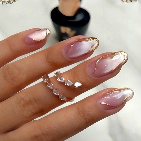 24Pcs Medium Almond Press on Nails - 3D Gold Irregular Line Design Fake Nails Gilded Line French False Nails Chrome Gold Stick on Nails Glitter Full Cover Pink Glossy Artificial Acrylic Nail for Women