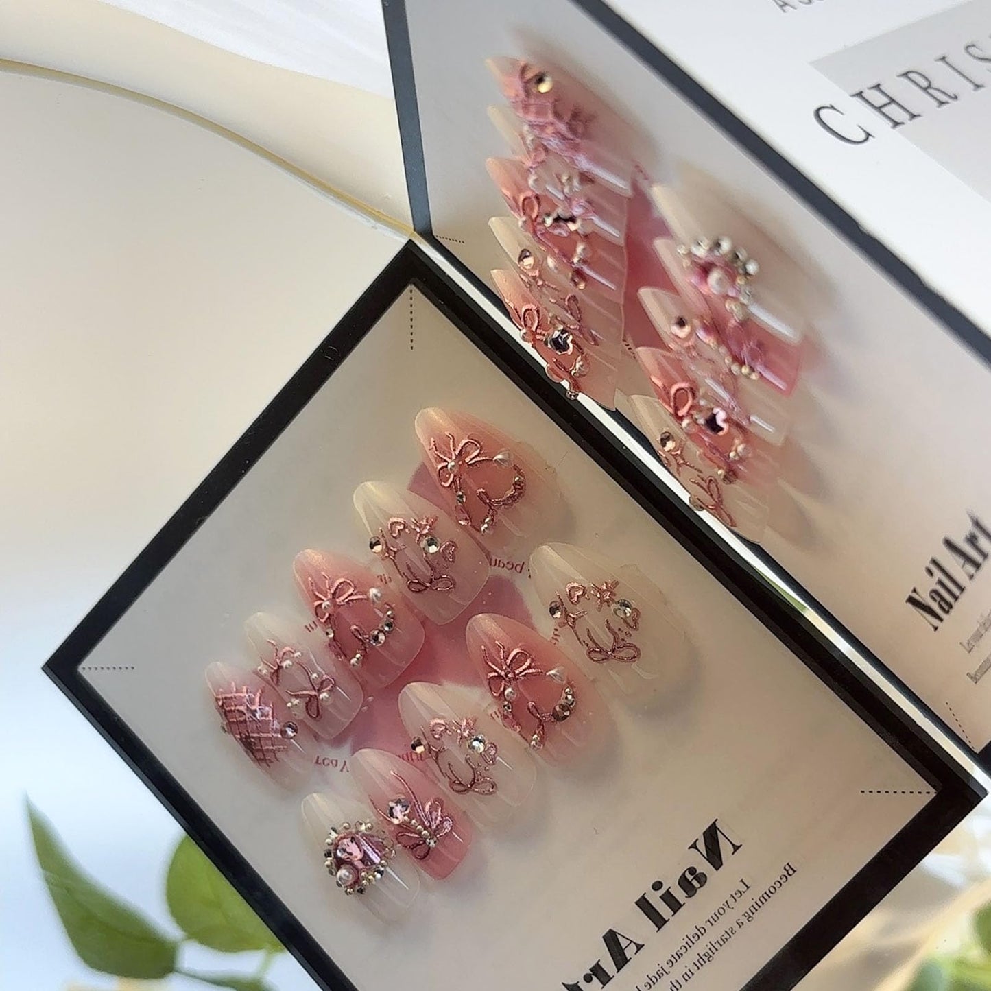 LBPEPAMZ Pink Press on Nails Medium Almond Fake Nails with 3D Heart Pearl Rhinestones Designs White Gradient Bow Silver Star Stick on Nails Flower Charms Full Cover Glue on Nails for Women Girls 24Pcs