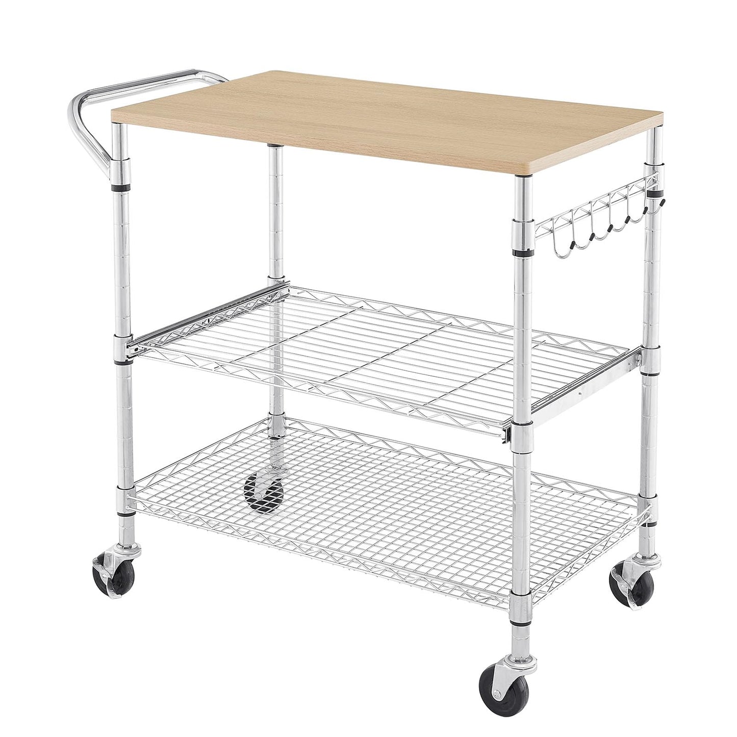 3 Tier Rolling Kitchen Cart with Wood Tabletop, Kitchen Island Carts with Wheels & Slider Shelf, Microwave Cart on Wheels, Coffee Cart with Hooks, 35.4" L*18.1" W*31.9" H，Wood+Chrome