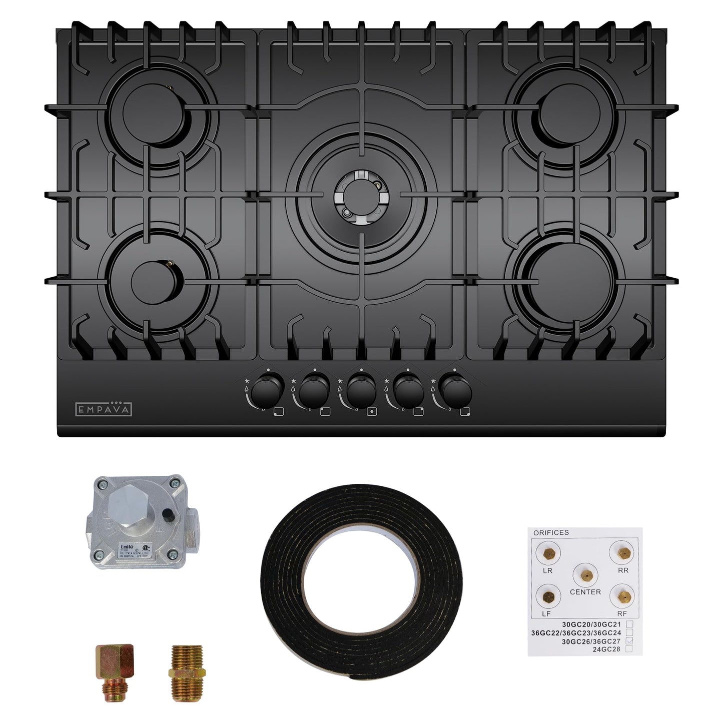 Empava 30" Gas Stove Cooktop LPG/NG Convertible with 5 Italy SABAF Burners Tempered Glass in Black, 30 Inch