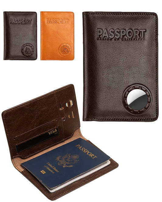 Passport Holder for Travel, Genuine Leather Passport Holder with AirTag Slot, RFID Passport Cover for Airport Essentials, Travel Wallet, Travel Must Haves Gifts