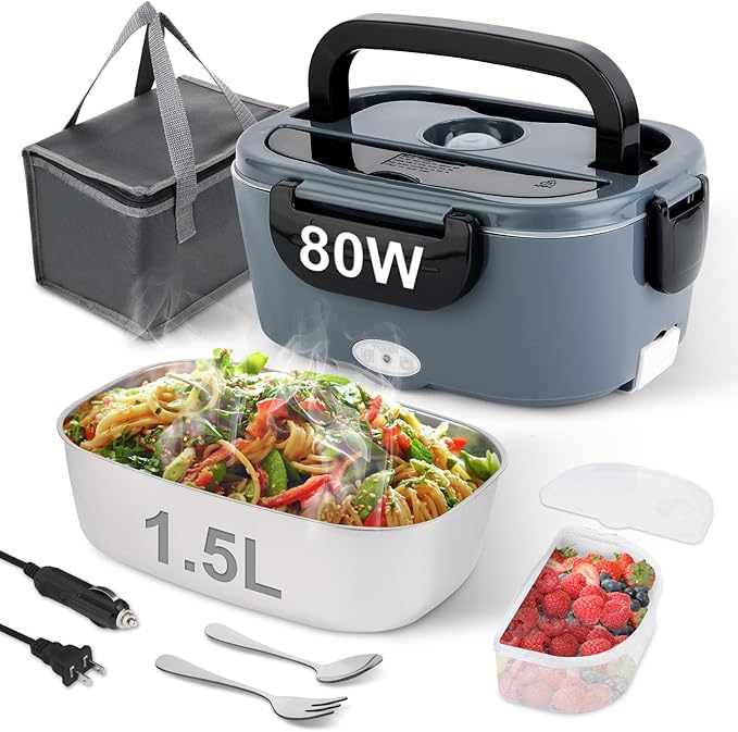 Electric Lunch Box, 80W Heated Lunch Box for Adults, 1.5L Portable Fast Heating Food Warmer for Car/Truck/Work/Travel, 12/24/110V Lonchera ElÃ©ctrica PortÃ¡til