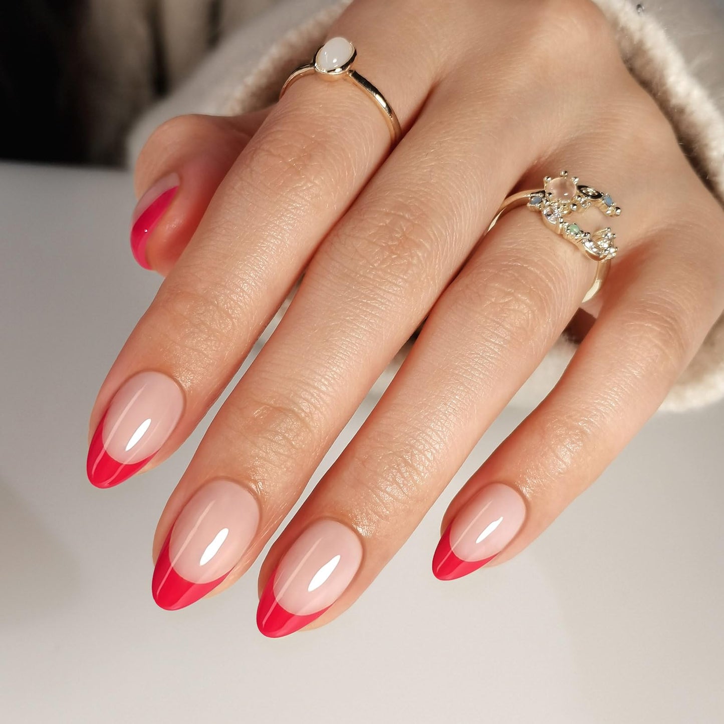 Red French Tip Press on Nails Short - SHANGMENG Soft Gel Almond Press on Nails for Women Gift, Fit Perfectly & Natural Glue on Nails with Glue in 16 Sizes - 32 Reusable Fake Nails, Red French