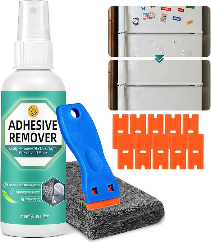 Halldeli Adhesive Remover Kit, Sticker Remover Spray for Cars, Floor, Windows, Surface-Safe Glue Remover with Plastic Scraper â Quickly Removes Decals, Tape Residue, Gum, Tar and Grease