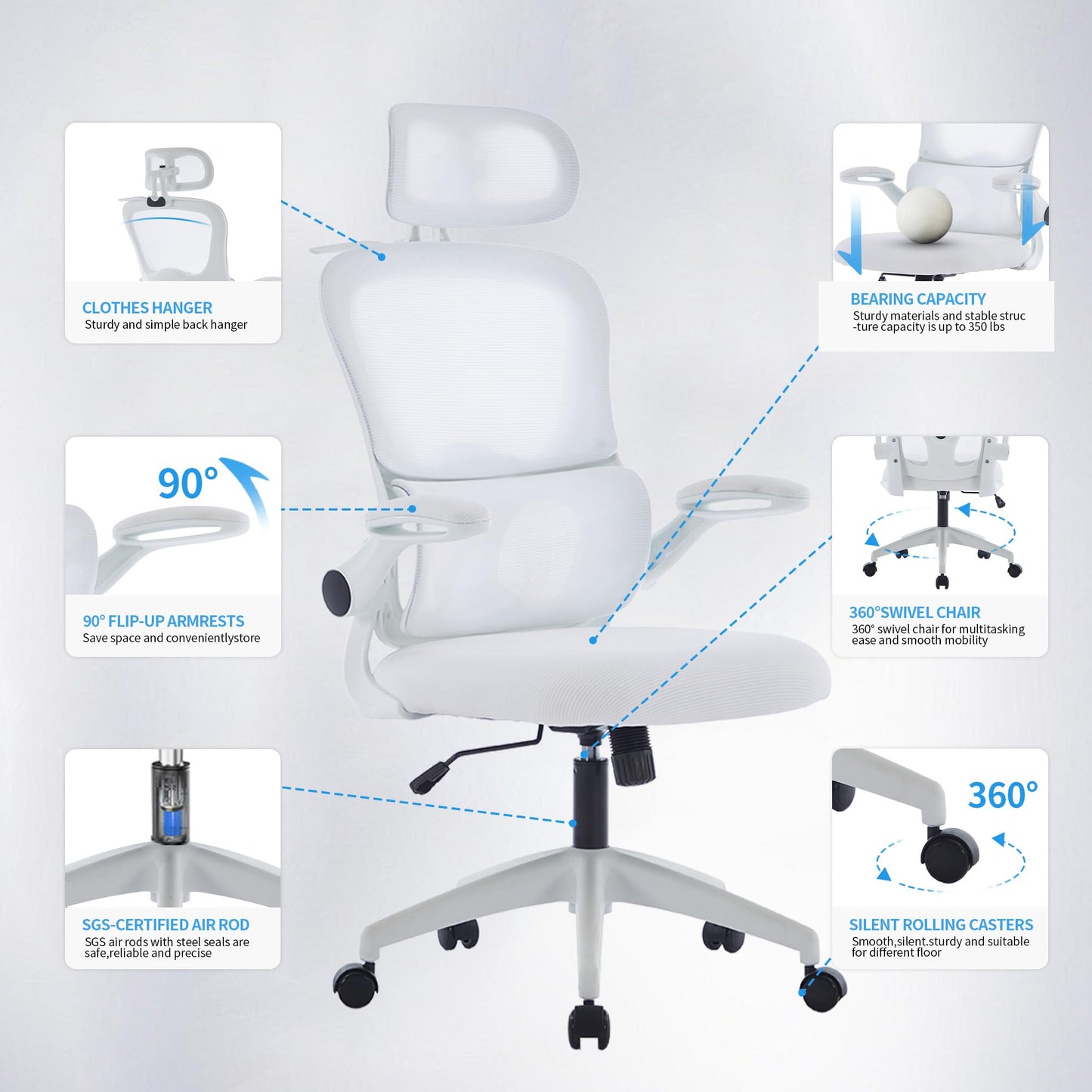 Vigosit Ergonomic Mesh Office Chair, 400 lbs Capacity, High Back Desk Chair with Adjustable Lumbar Support, 3D Headrest, Flip-Up Armrests, and PU Wheels for Long Workdays and Home Office (White)