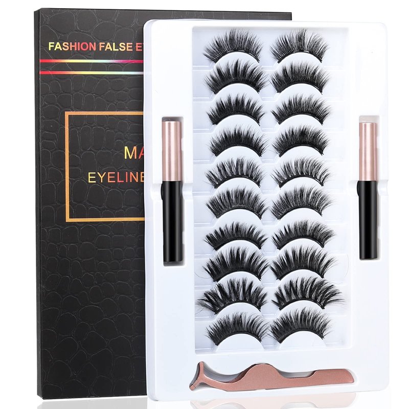 BILEYCHA Upgrade 3D Natural Magnetic Eyelashes,Lightweight Magnetic Eyeliner and Eyelashes Kit, 2 Magnetic Eyeliners- No Glue Needed (10 Pairs)