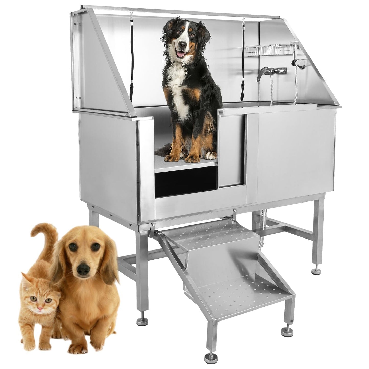 Towallmark 50" Dog Grooming Bathing Station, Professional Stainless Steel Pet Grooming Tub w/Removable Ramp, Storage Drawer, Floor Grate, Stairs Faucet, Dog Bathtub for Large, Medium & Small Pets