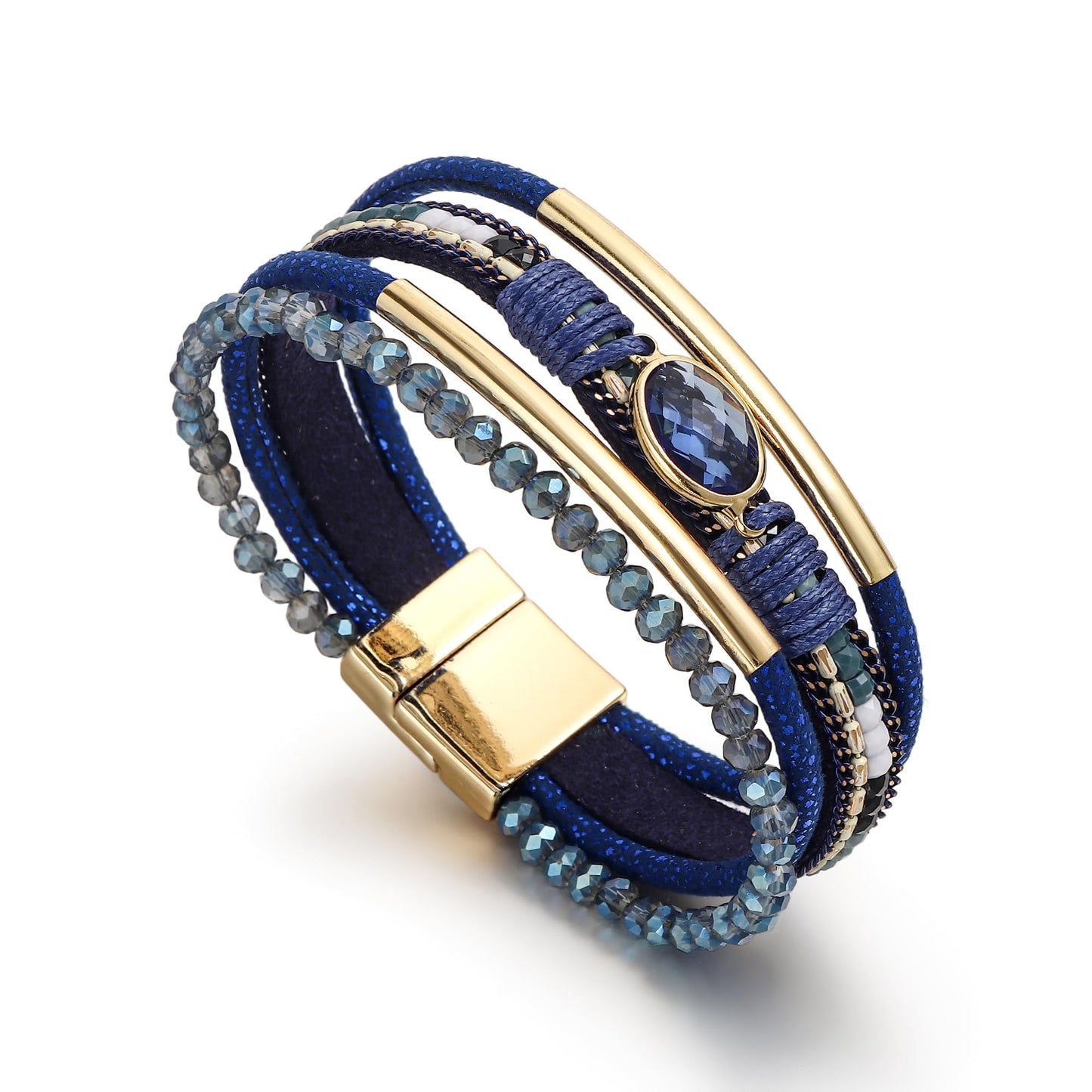 Edoneery Leather Wrap Bracelet for Women, Boho Handmade Multi-Layer Cuff with Crystal Beads Heart, Stackable Bangle Western Jewelry Gift(Crystal(Blue))