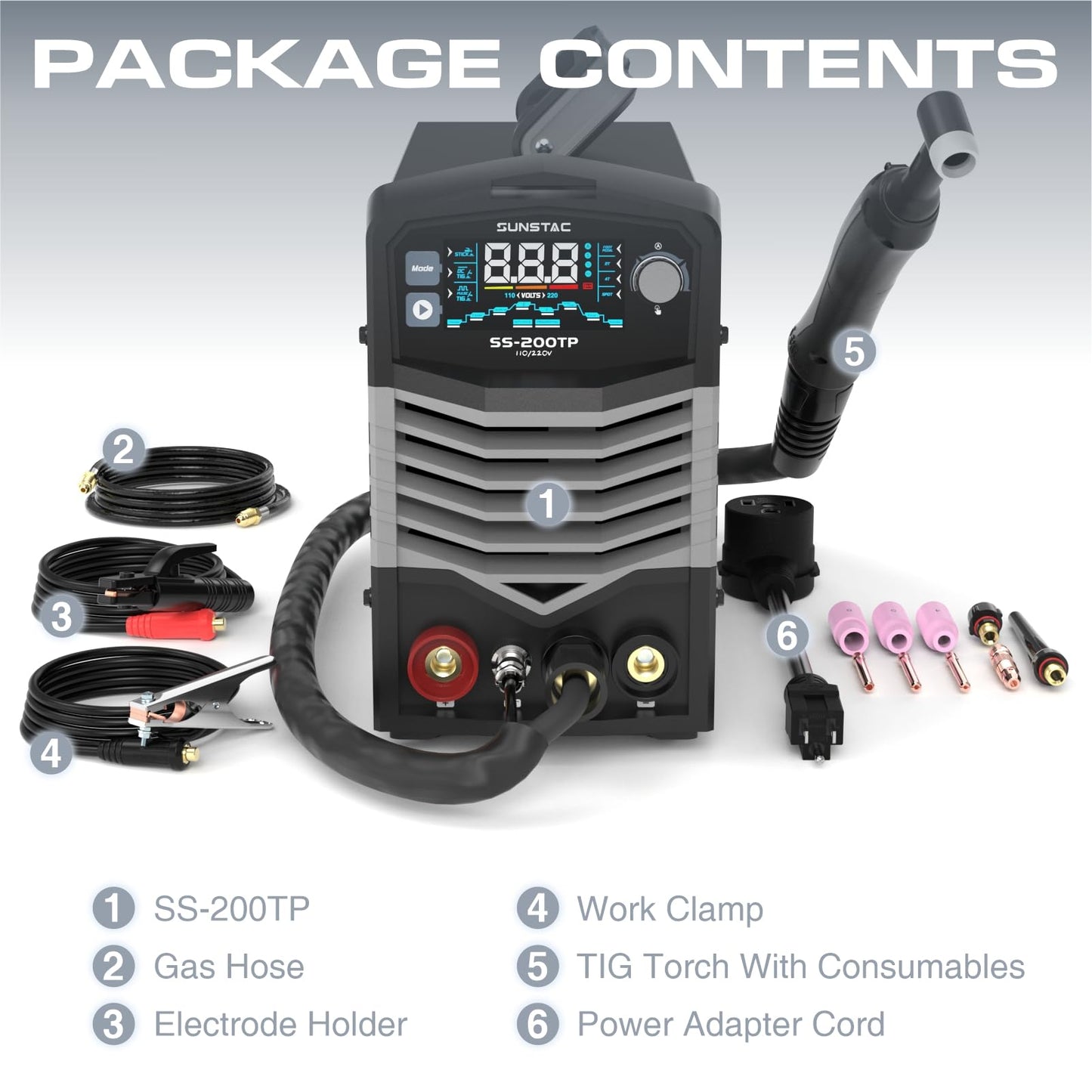 Sunstac 200A TIG Welder with Pulse, 110V/220V Dual Voltage, 3 in 1 DC TIG/Pulse TIG/SPOT TIG/Stick Welding Machine, Digital Screen Display, Over Loading Protection