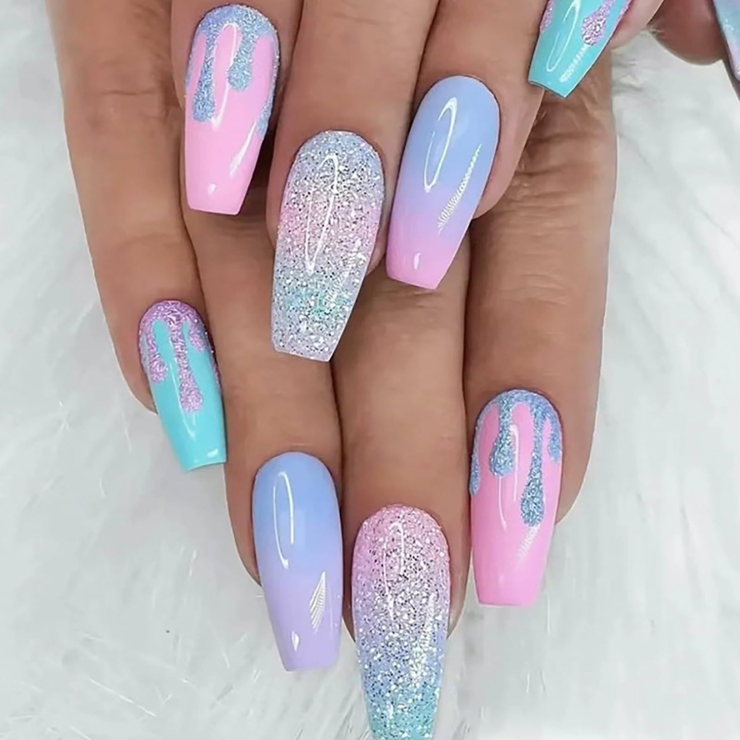 Press on Nails Medium Coffin SWEKKE Summer Fake Nails Colorful Full Cover Ice Cream False Nails with Designs Glossy Glue on Nails Acrylic Nails Artificial Nails for Women Girls 24 Pcs