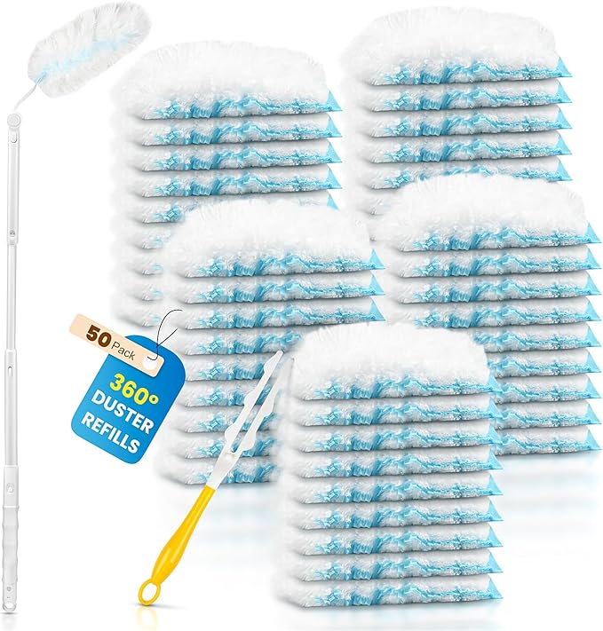 Bisenkud Duster Kit for SwifferÂ® Duster Refill: 50 Heavy Duty Refills + 2 Handles | 3X Grip & Static Tech | Car, Furniture & Electronics Dry Cleaning