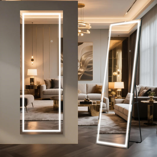 Kosmonia 65x22 Frameless Full Length Mirror, Dimmable 3 Color LED Light w/Memory Function, Distortion Free, HD Reflection & Anti Desilvering, Tempered Glass & Shatter Proof Film Doubling Safety