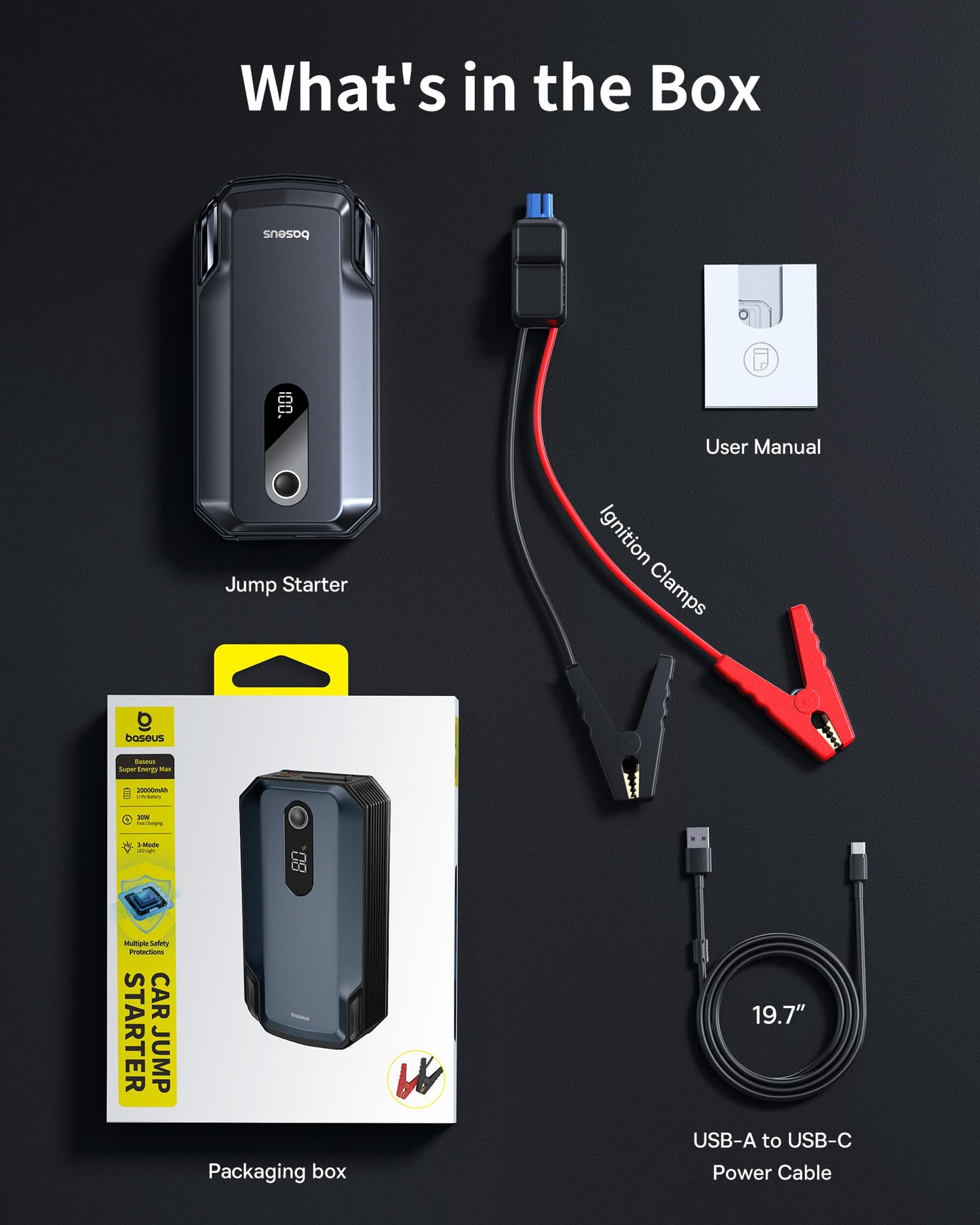 Baseus 8000A Jump Starter, 20000mAh Portable Jump Starter Battery Pack, 12V Car Battery 5 in 1 Jump Starter with 30W Fast Charging and LED Display, for Up to 10.0L Gas 6.0L Diesel Engines