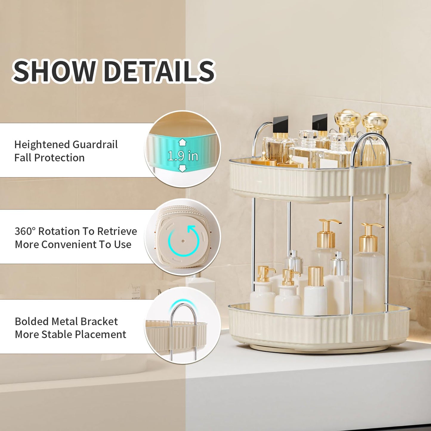 YCIA&DONE 360 Rotating Makeup Organizer for Vanity, 2 Tiers New Square Shaped Cosmetics Skincare Bathroom Organizers Countertop, Perfume Stand Counter Tray, Warm White