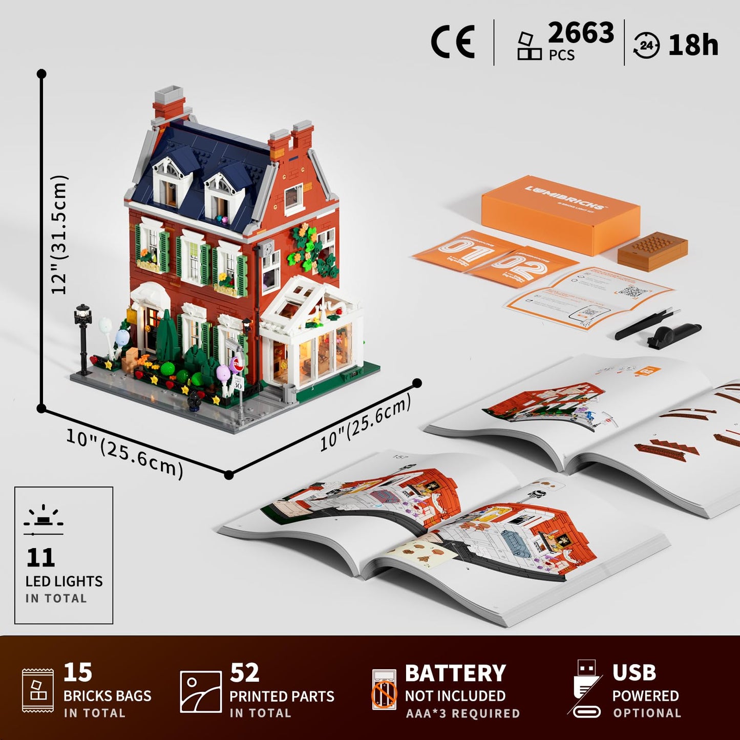 LUMIBRICKS Redbrick Row House Lighting Building Bricks Set - City Town LED Light Modular Construction Model Collection Display Kit with Minifigures 2663 Pcs for Adults & Teens