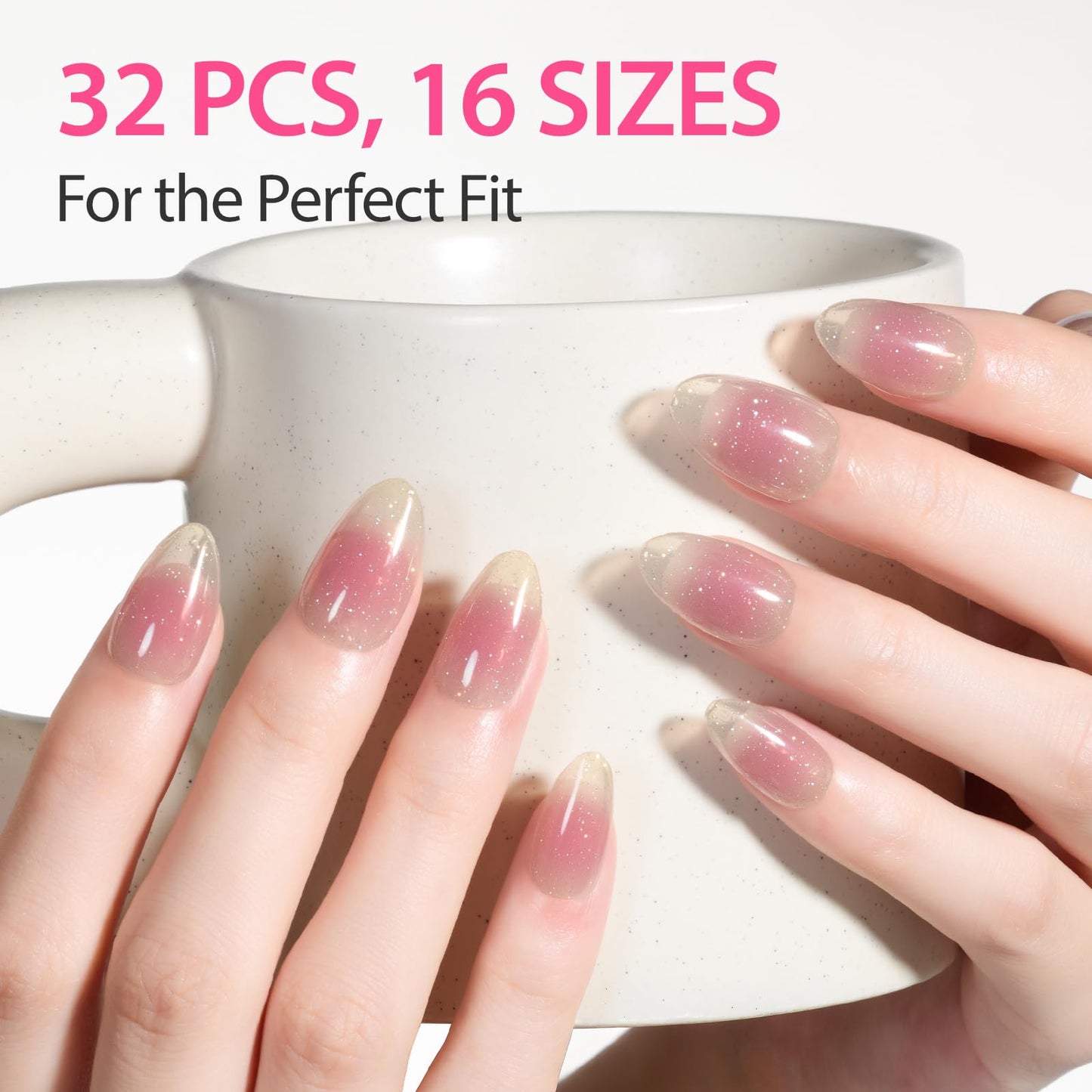 Makartt Semi Cured Gel Nail Strips Kit 2 Packs – Real Gel, Hema & TPO Free, 16 Sizes Anti-Lift Design, UV Required, Long Wear, Dual-Ended Tool & Prep Kit (Nude Ombre Glitter)