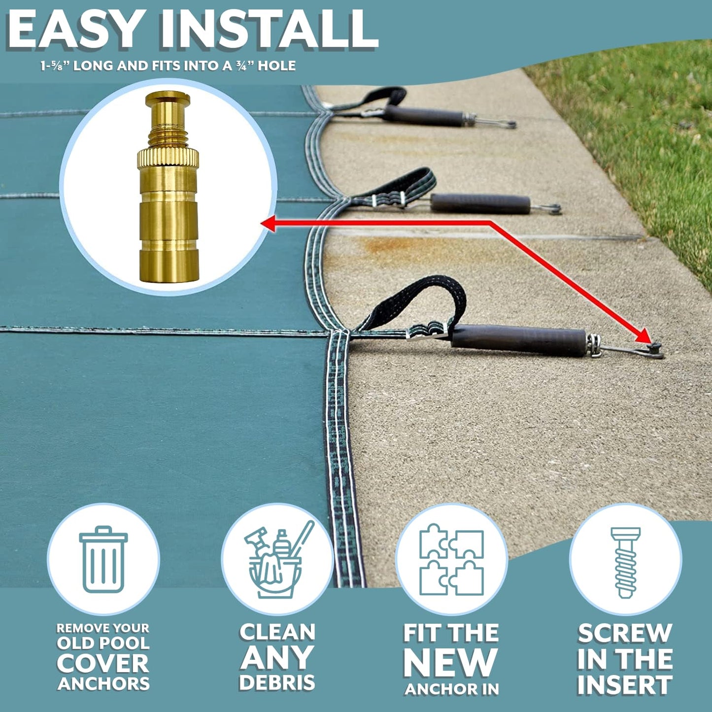 Poolzilla Pool Safety Cover Brass Anchors for Concrete and Pavers - 10 Pack - Universal Fit
