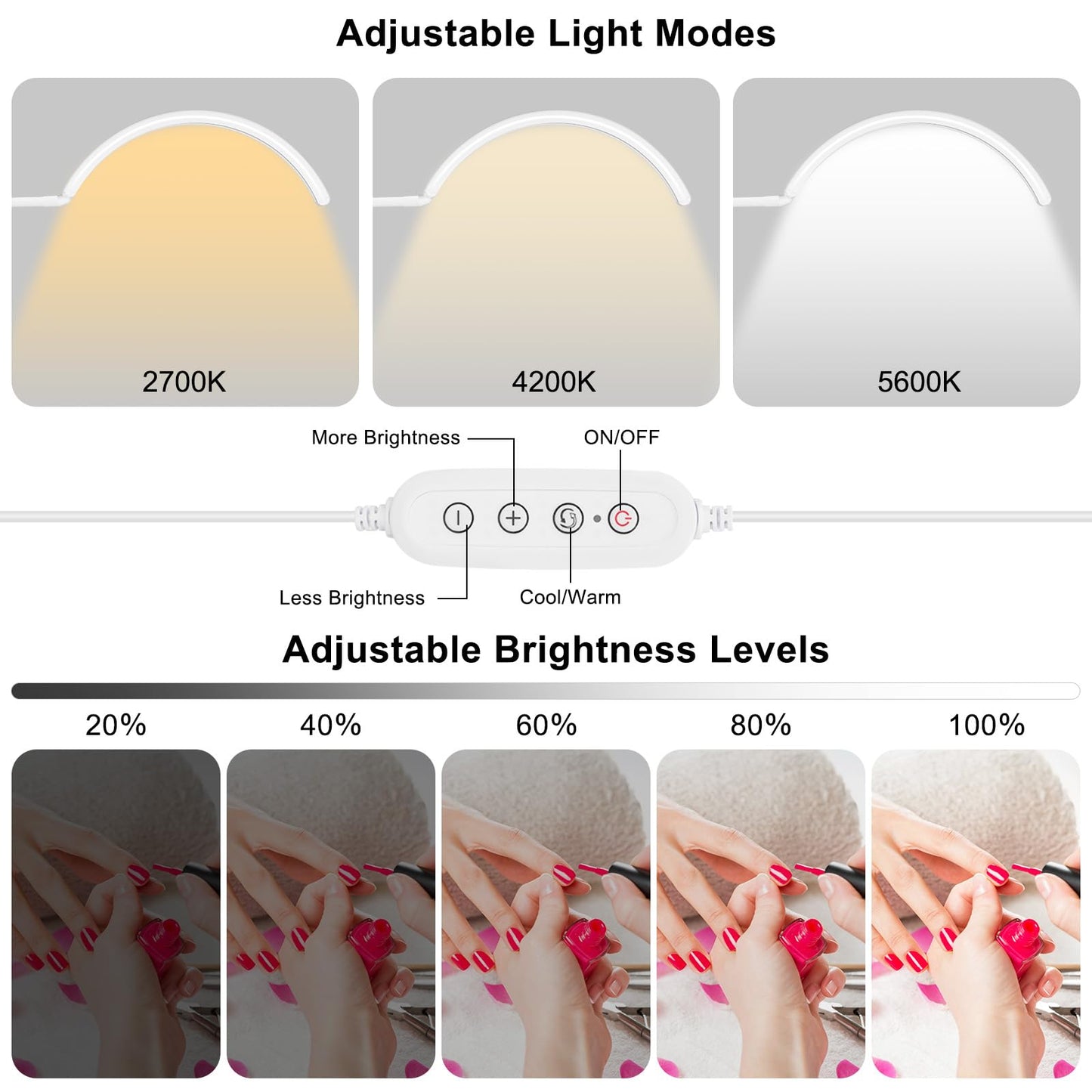 ZEKAHOV Professional Half Moon LED Desk Light for Nail Techs & Artists – Flexible Gooseneck Lamp with Clamp, 3 Color Modes & 5 Brightness Levels for Manicure, Tattoo, Beauty Work (White)