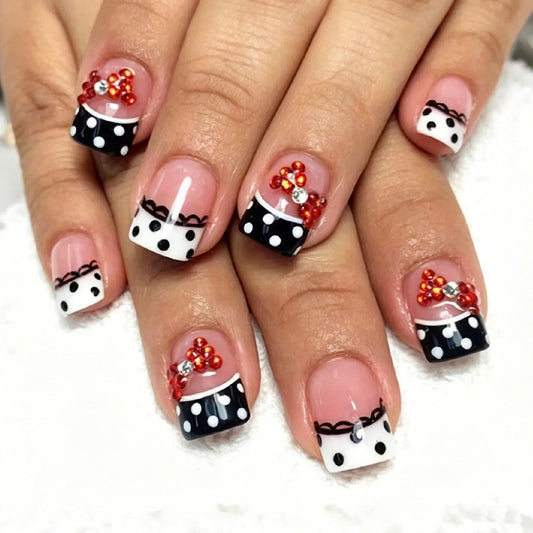 French Tip Press on Nails Short Square Fake Nails with Rhinestones Polka Dot Lace Bow Designs Nails Press ons Black White Glue on Nails Cute Stick on Nails for Women 24Pcs