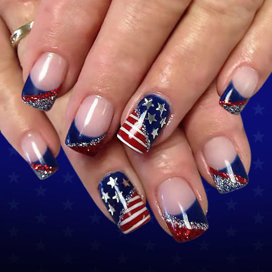 24Pcs 4th of July Press on Nails Short Square French Tip Fake Nails with Red Silver Glitter Design American Flag Star False Nails Independence Day Glue on Nail Full Cover Stick on Nail for Women DIY