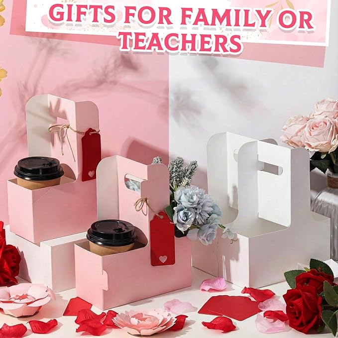 MotiMind 20 Pack Mother's Day 2 Cup Drink Carrier with Handle, Kraft Paperboard Teacher Cup Holder Portable for Hot Cold Drinks, Coffee Carrier Gift with Heart Card Rope (White,Pink)