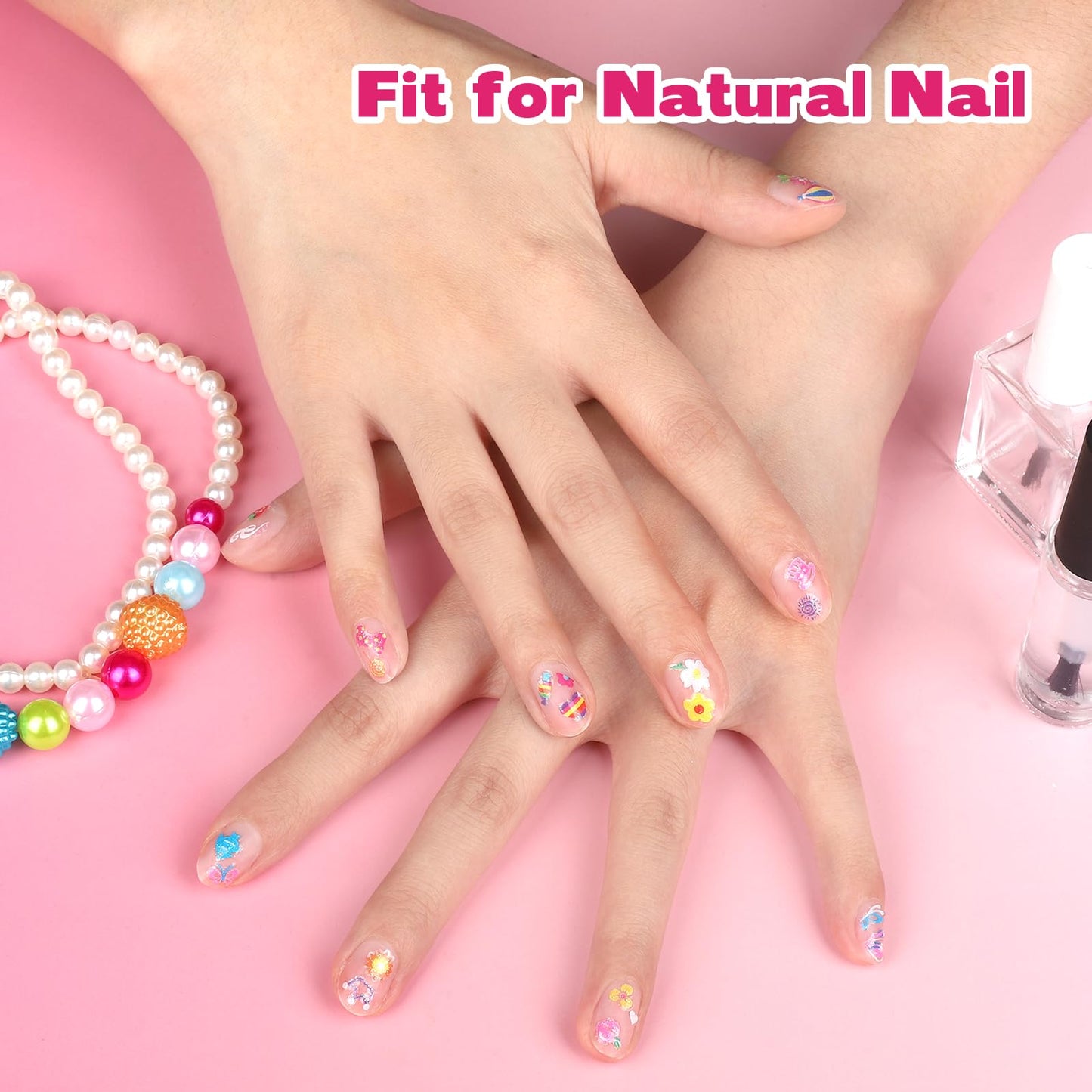 Teenitor 50 Sheets Nail Stickers for Kids, 3D Cute Girls Nail Art Stickers, Heart Flower Butterfly Bow Nail Decals for Nail Art, Fingernail Stickers for Women, Self Adhesive Nail Decorations in Summer