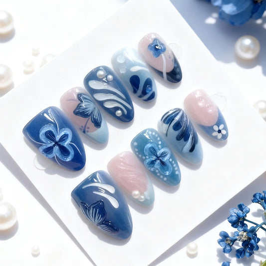 Blue Flower Press on Nails Short Almond Fake Nails 3D Pearls Water Ripples Design Cute Floral False Nails Blue French Nails Cute Stick on Nail Acrylic Nail Full Cover Glue on for Women 30Pcs