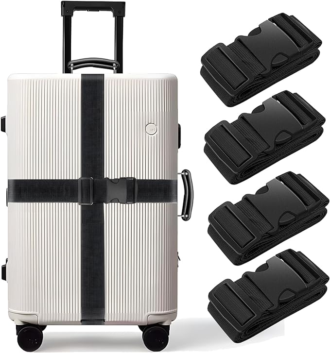 BILIONE 4 Pack Luggage Straps 79" Long Belts Keep Suitcase Secure While Traveling, TSA Approved Add a Bag Premium Accessory for Travel Bag Closure (4 Pcs Black)